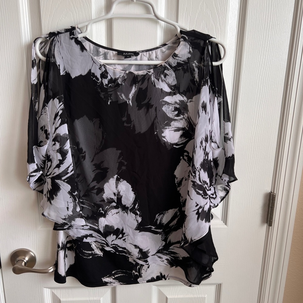 MSK‎ Floral Blouse Cold Shoulder Sheer Overlay Top Black White Size S